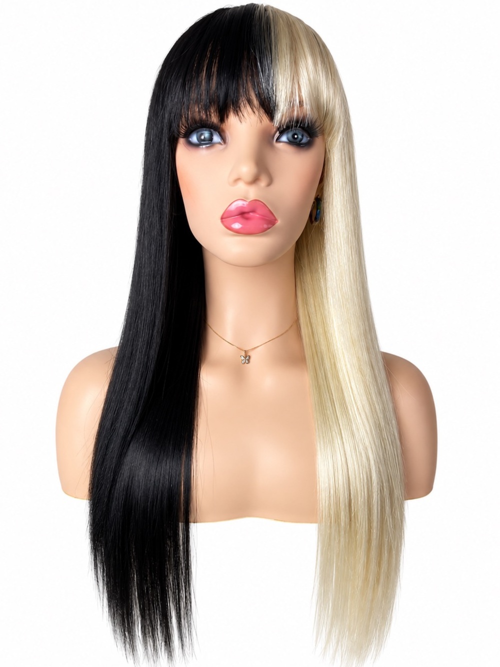 Black and Blonde Straight Long Wig with bangs Fringe - 24 inches long Women Hair